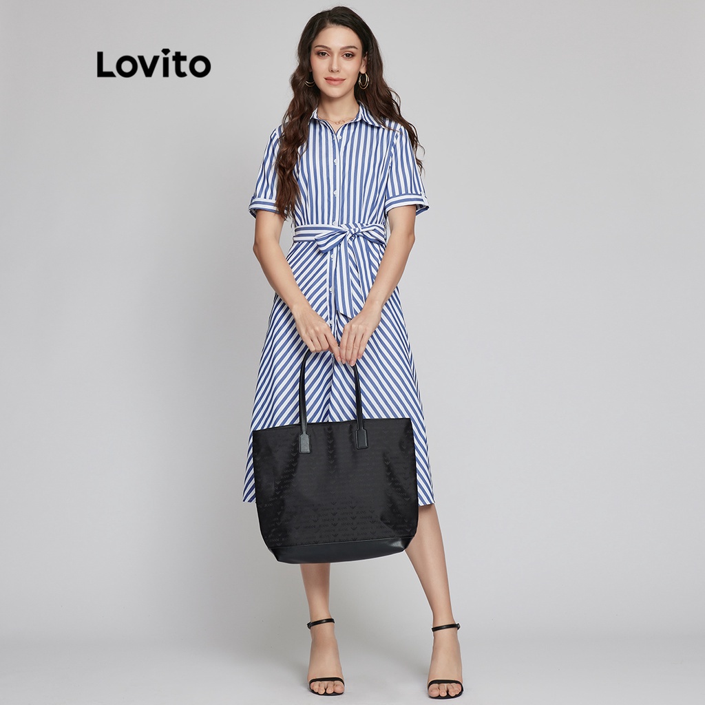 Đầm Lovito phong cách thanh lịch sọc dạng áo phối thắt lưng L26LD055 (nhiều màu)
