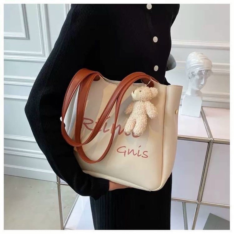 Túi Xách Nữ Công Sở, Túi Tote Đeo Vai Kèm Gấu Dễ Thương