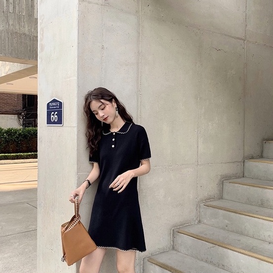 Đầm dệt kim ZHELIHANGFEI dáng suông tay cộc mùa hè phong cách Hong Kong thời trang 2022 mới