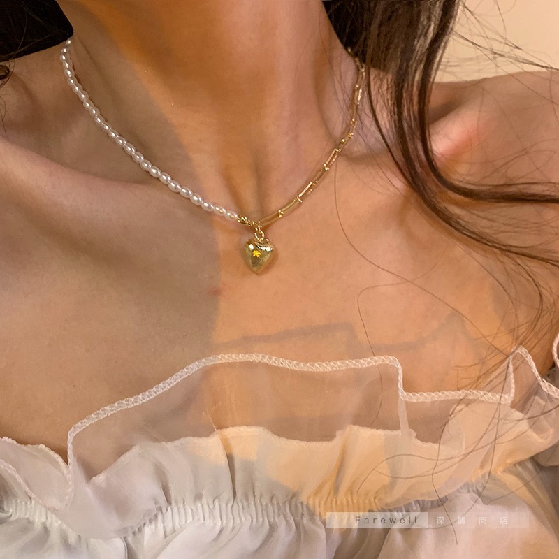 Vòng cổ mạ vàng 14K trái tim nối ngọc trai nước ngọt đơn giản