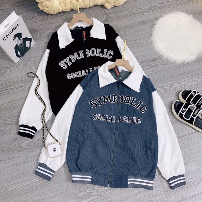 Áo Bomber Nhung Tăm 1 Lớp Áo Khoác Khoá Cổ Bẻ Thêu Chữ Cá Tính