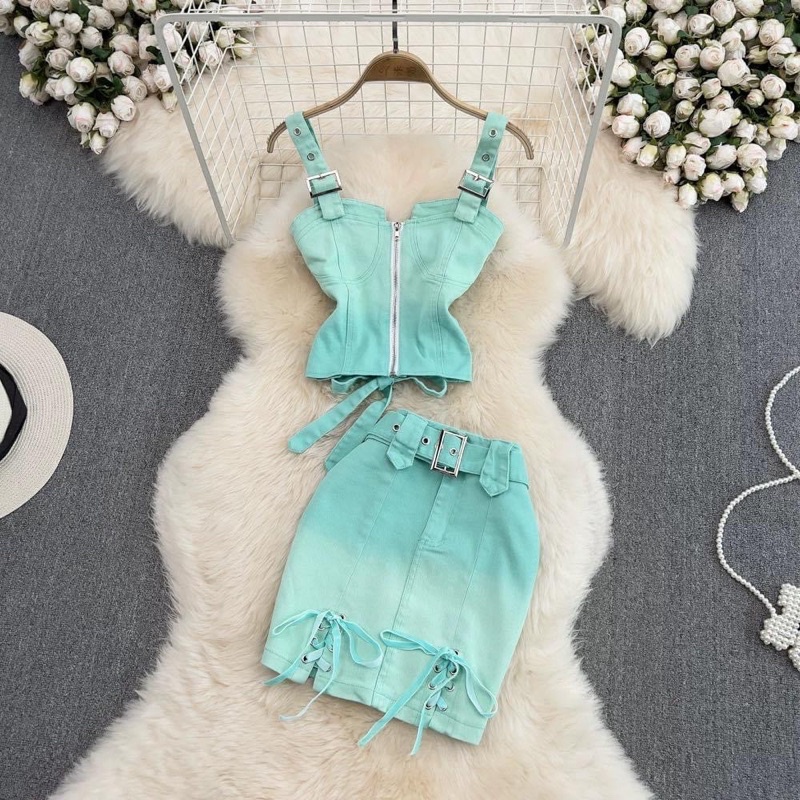 Set áo chân váy jean màu omber quá đỉnh