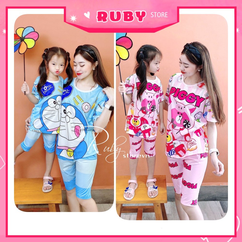Đồ bộ thun 3D quần LỬNG cho mẹ và bé size đến 70kg chất thun mềm mát in hình Doremon hoạt hình dễ thương DBRBL FULL SIZE