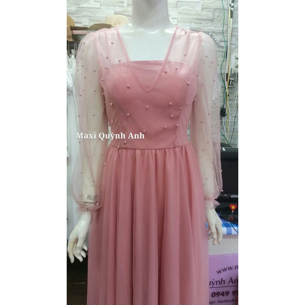 Đầm maxi dạ hội tay dài đính hạt sang trọng trắng, hồng - Hình thật Sp 100% | BigBuy360 - bigbuy360.vn