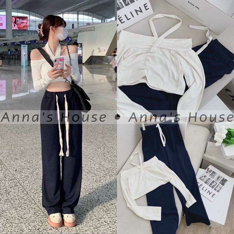HÌNH THẬT - Set áo crop trắng cổ yếm rớt vai tay dài + quần suông rộng