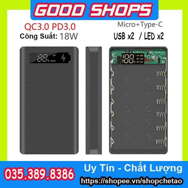 Box Sạc Dự Phòng QC 3.0 Kèm Mạch Có 2 Cổng USB (dùng cho pin 18650)