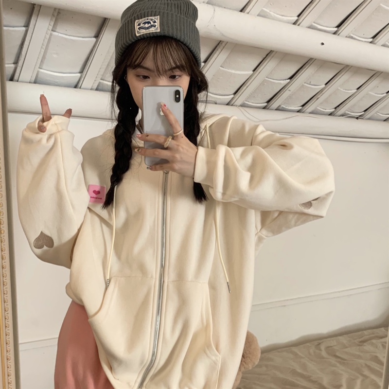 Áo Khoác Hoodie Dáng Rộng Thêu Hình Trái Tim Thời Trang Mùa Thu Mới Cho