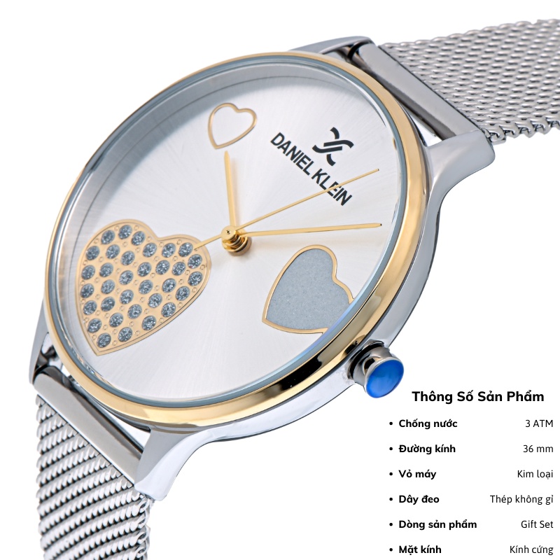 Đồng hồ nữ Daniel Klein Watch DK.1.13021 mặt nhỏ đính đá, kính cứng chống xước, chống nước, dây thép đeo tay cao cấp