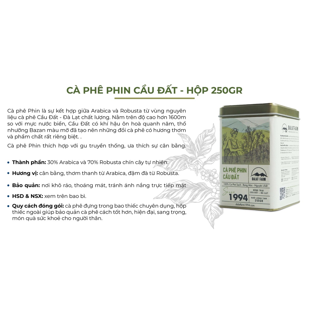 Cà Phê Phin Cầu Đất Dalat Farm - Hộp 250Gr (Dạng bột)