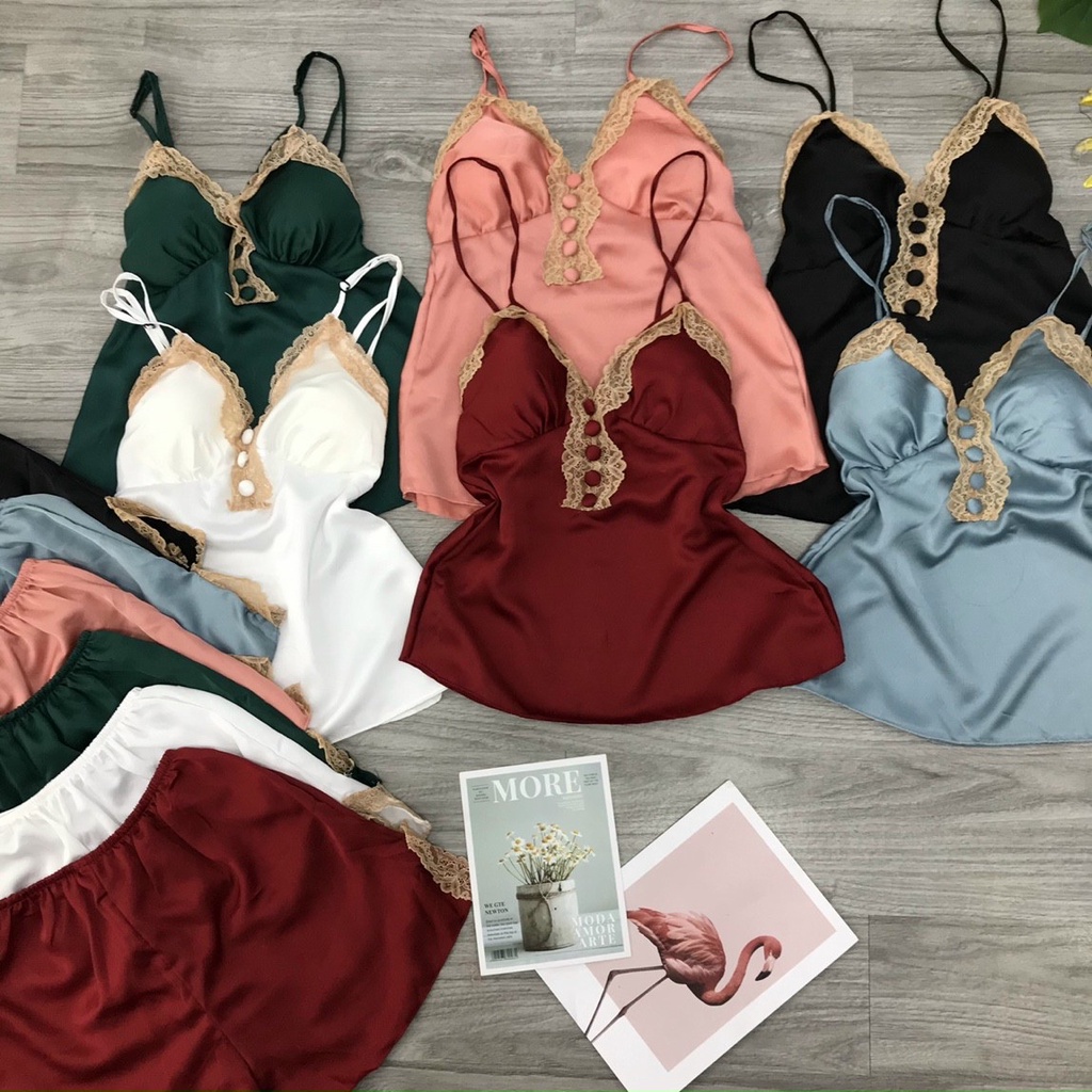 Đồ Ngủ 2 Dây Phối Ren Đính Nút Có Mút Ngực Mặc Nhà Thoáng Mát Chất Lụa Satin Mềm Mại Gợi Cảm Freesize - CN009 CINY | BigBuy360 - bigbuy360.vn