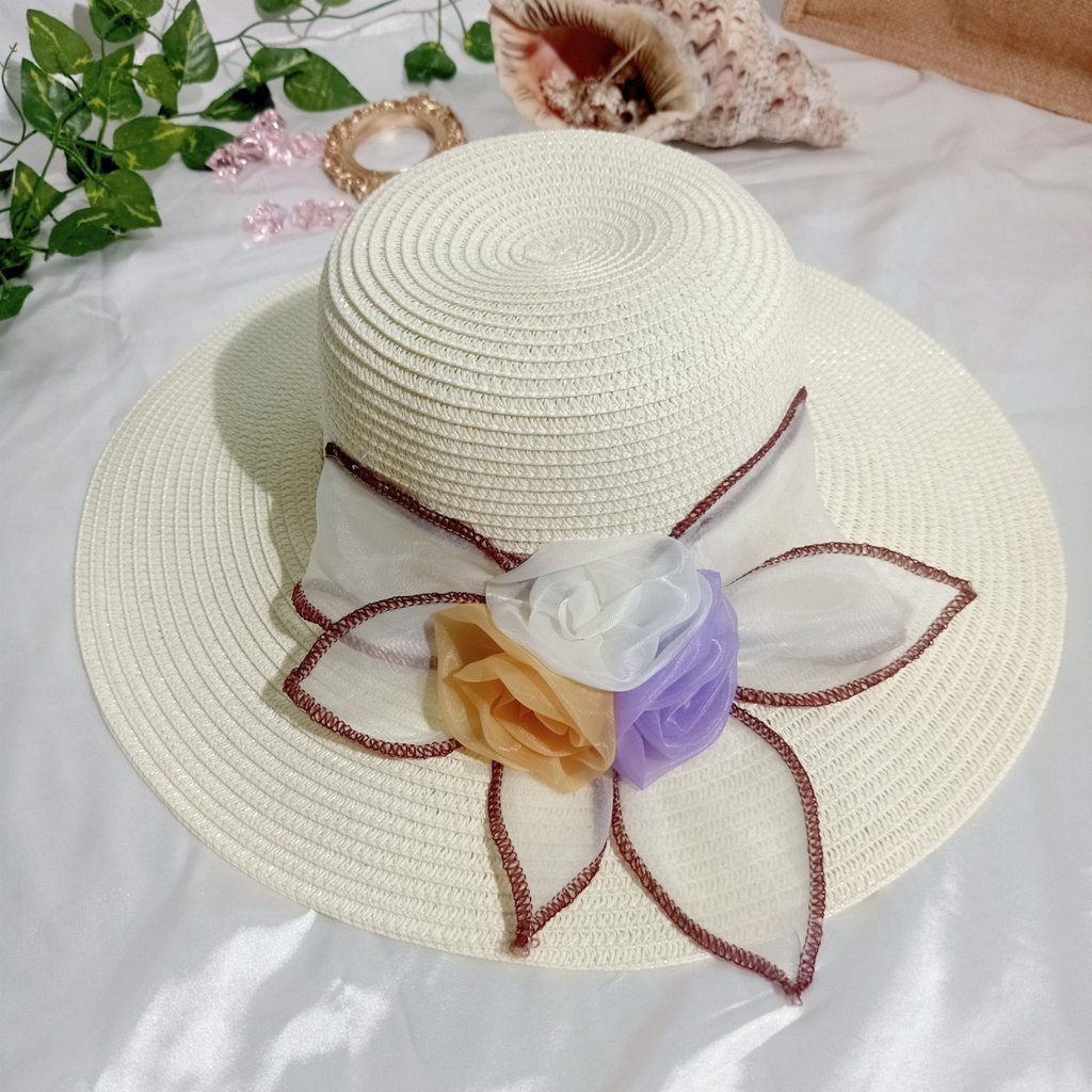 Nón cói/mũ cói nữ đi biển vành rộng phối hoa bản to rực rỡ sang chảnh hình chụp thật-vành rộng hoa to