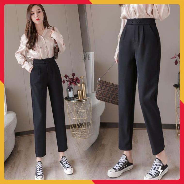 Quần Baggy nữ công sở cạp cao 2 cúc bấm [HÀNG VNXK] - Quần tây nữ vải tuyết mưa màu đen Form dáng chuẩn đẹp cực xinh