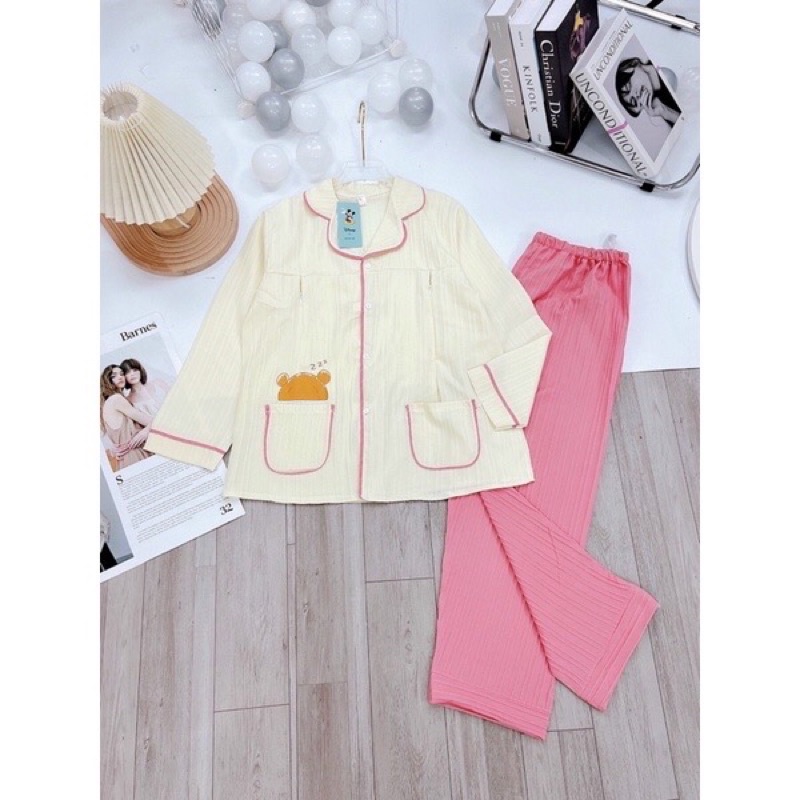 Bộ đồ bầu và sau sinh dài tay thu đông pijam mặc nhà vải xốp nhăn mềm mại thoáng mát thấm mồ hộ thiết kế đẹp giá rẻ