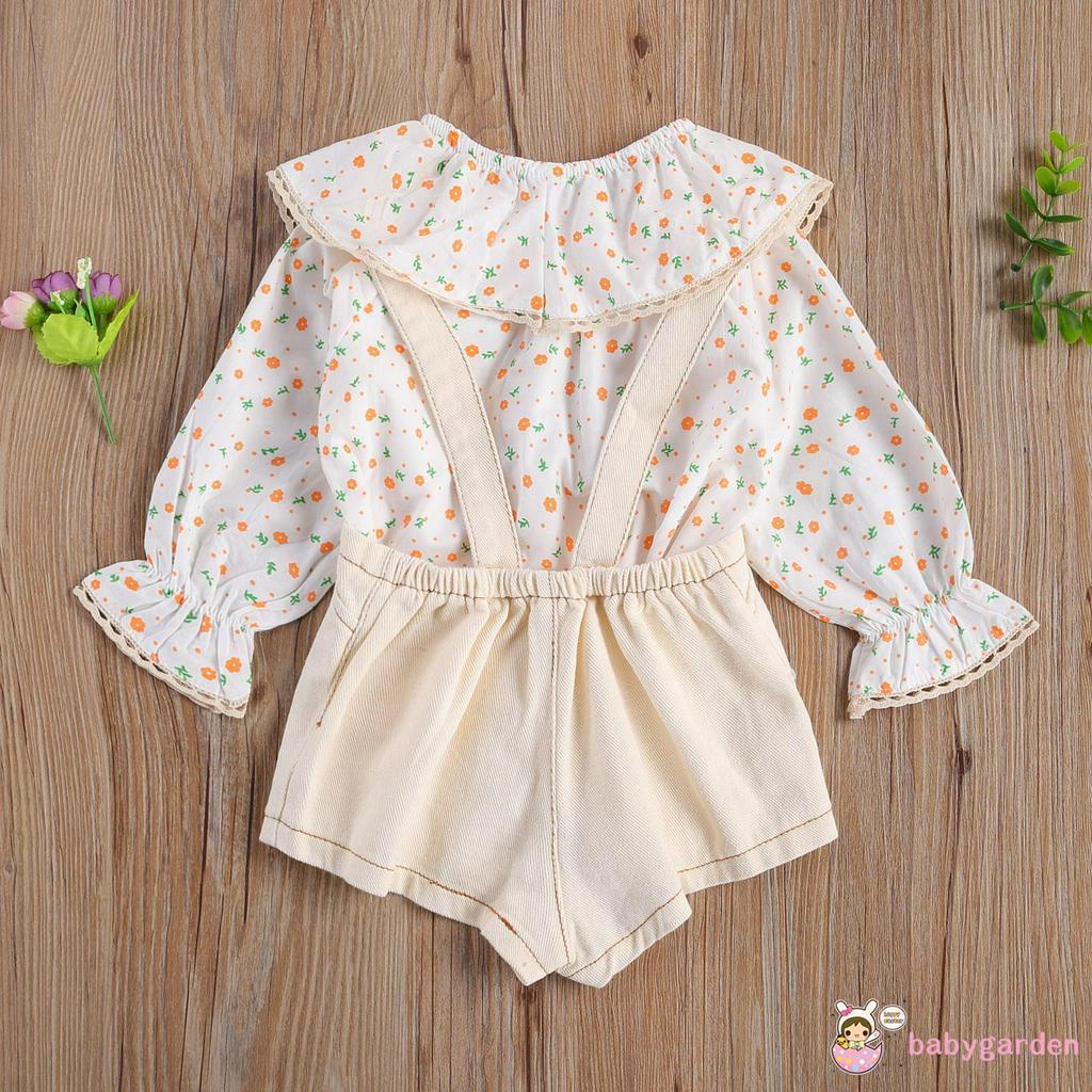 Set quần yếm ngắn và áo dài tay in hoa đáng yêu cho bé gái