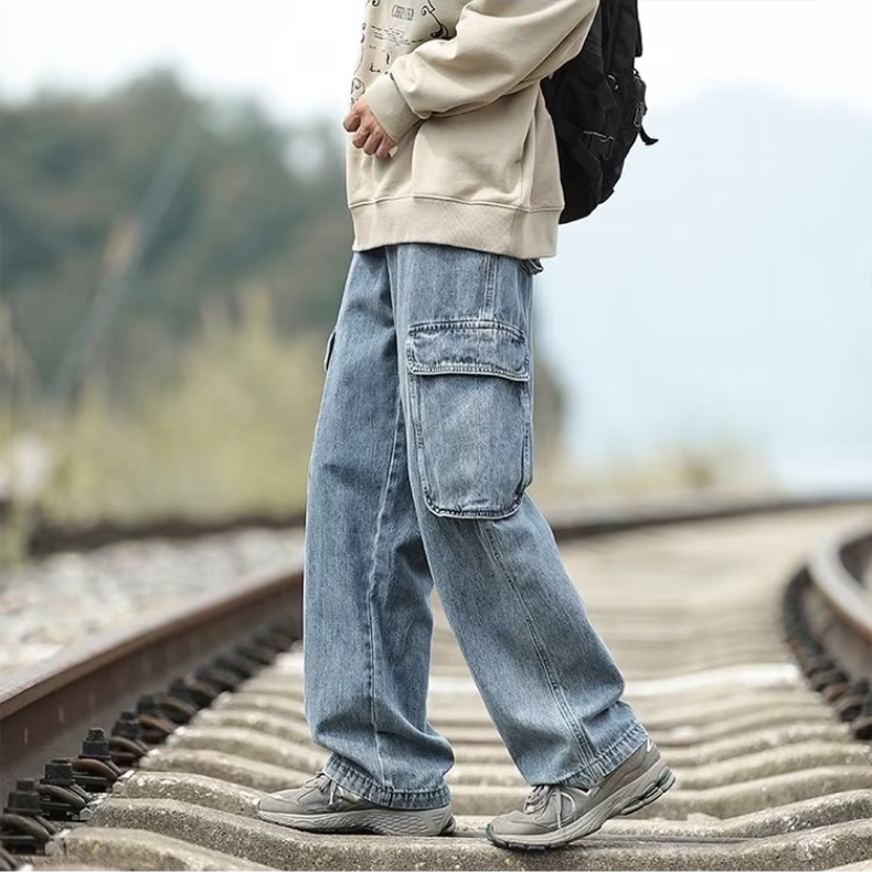 Quần jean nam quần jean nữ có túi quần jean nam nữ lưng cao thời trang phong cách Hàn Quốc quần jean chở hàng Unisex với dây thắt lưng đàn hồi thời trang Quần ống rộng nhiều túi sành điệu