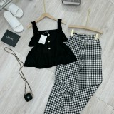 Set áo 2 dây babydoll bèo cúc ngọc quần kẻ caro DN10100