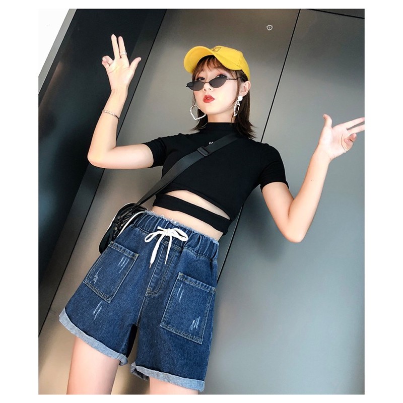 quần short jean big size lưng thun dây rút 2 túi cao cấp size 70-90kg