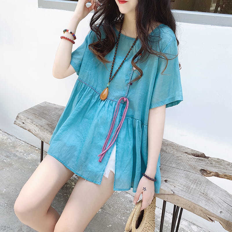 Áo Sơ Mi Cổ Tròn Dáng Rộng Mỏng Màu Sắc Ngọt Ngào Xẻ Tà Cài Khóa Phong Cách Phương Tây Cho Nữ