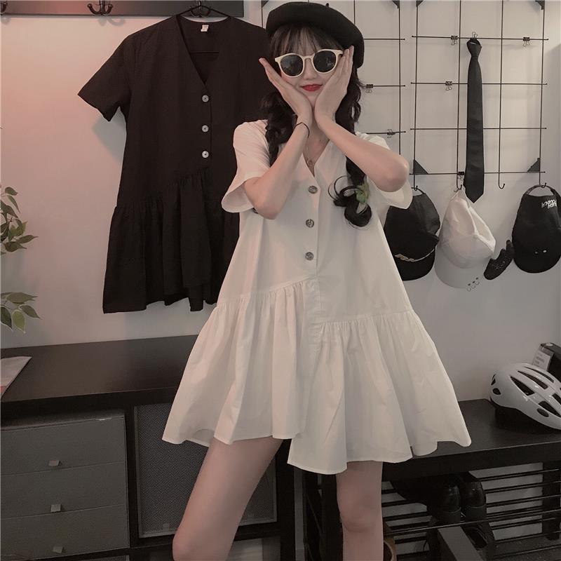 Đầm Tay Ngắn Cổ Chữ V Dáng Rộng Thiết Kế Lệch Tà Phong Cách Hàn Quốc Thời Trang Mùa Hè Hàng Mới Dành Cho Bạn Nữ 2021