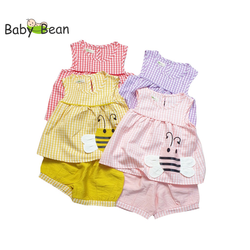 [MÃ THƯƠNG HIỆU YÊU THÍCH Voucher giảm 10%] Bộ Đồ Đũi Caro Thêu Ong Quần Short Màu Bé Gái BabyBean (8kg-30kg)