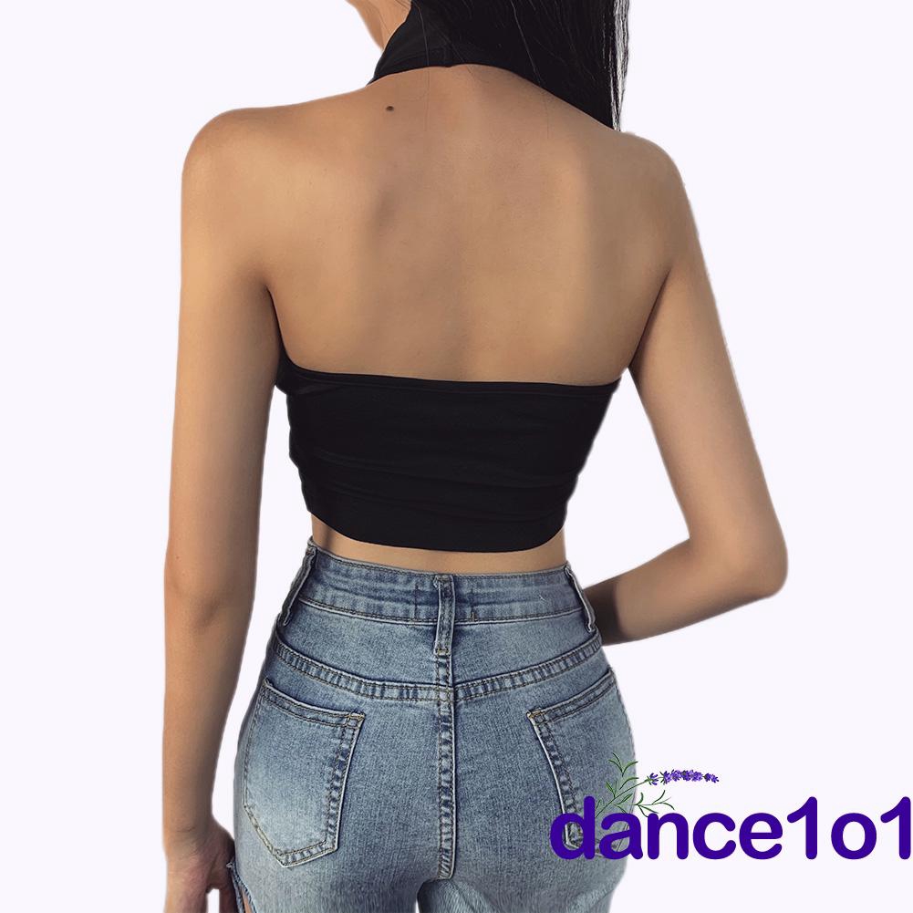 Áo Croptop Không Tay Cổ Chữ V Phối Khóa Kéo Thiết Kế Hở Lưng Quyến Rũ