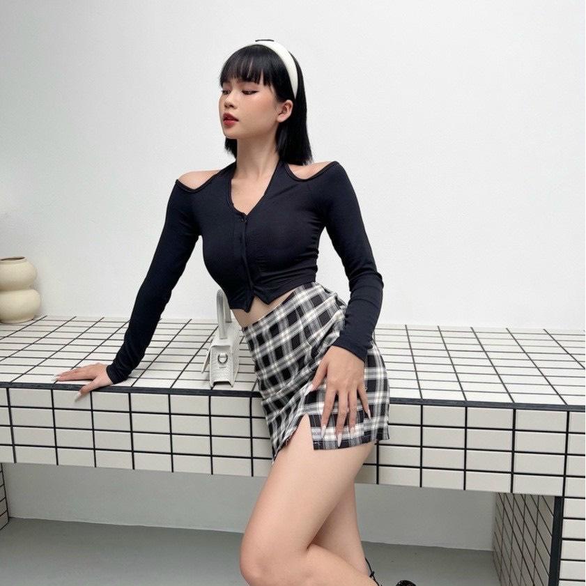 Áo Croptop Ôm Body PINKSTORE29 Cổ Yếm Hở Vai Sang Chảnh Tay Dài A5443