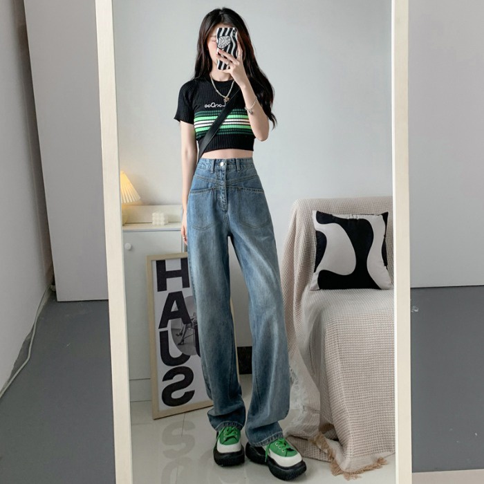 Quần Jeans Nữ Lưng Cao Ống Rộng Phong Cách Retro Thời Trang