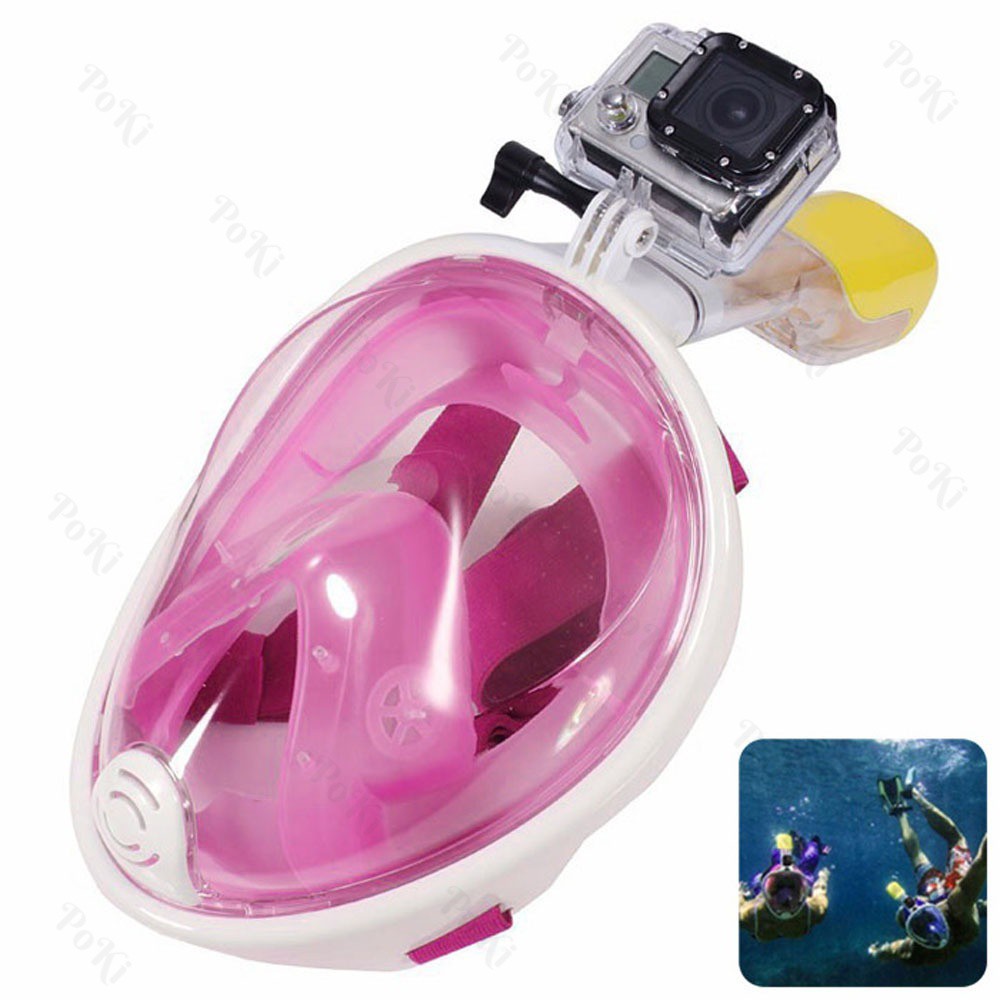 Mặt nạ lặn Full Face Pink, kính lặn ống thở gắn được GOPRO, SJCAM tầm nhìn 180 độ cao cấp - POKI