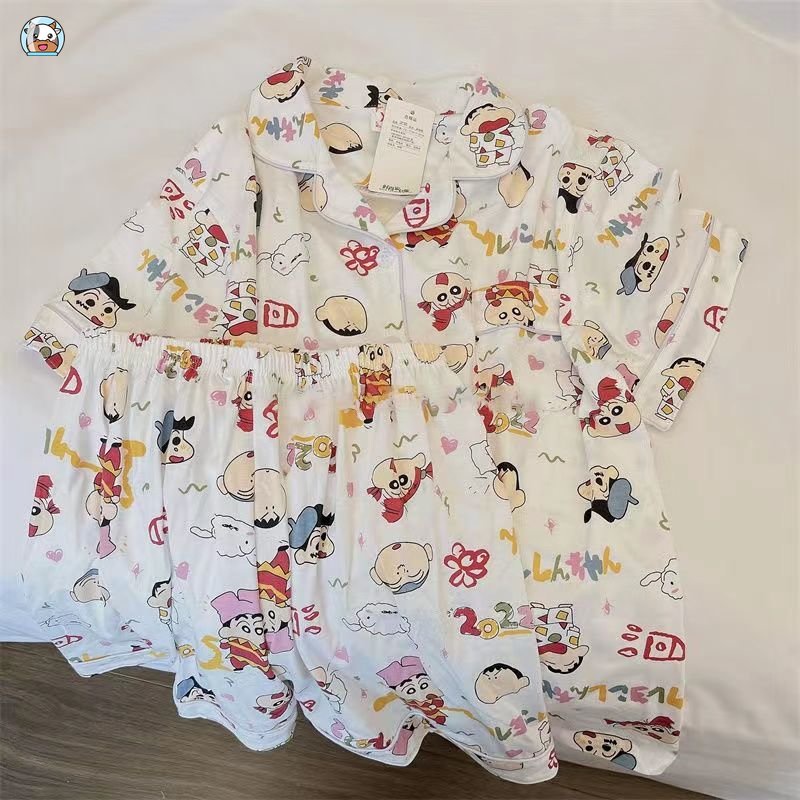 Bộ Đồ Ngủ Áo cardigan Tay Ngắn Phối Quần short Mỏng In Hoạt Hình Dễ Thương Thời Trang Mùa Hè Cho Nữ