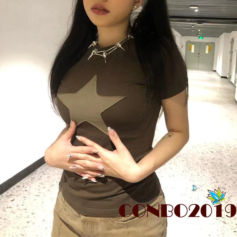 Áo Thun Tay Ngắn Cổ Tròn Dáng Ôm In Họa Tiết Ngôi Sao Phong Cách Harajuku Thời Trang Mùa Hè Cho Nữ