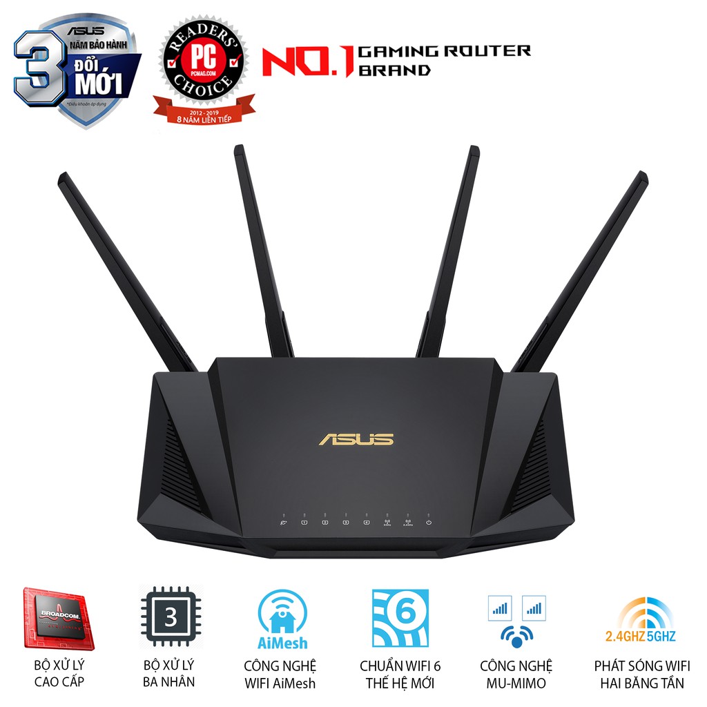 Router Gaming ASUS RT-AX3000 2 băng tần, Wifi 6 (802.11ax), AiMesh WIFI Mesh, MU-MIMO, AiProtectio