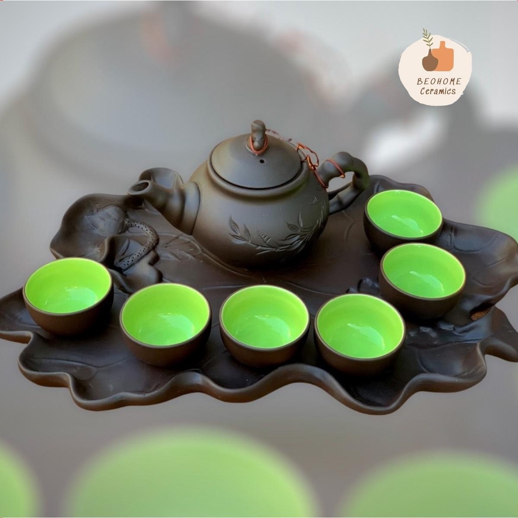 Bộ ấm chén tử sa Bát Tràng ấm tử sa cao cấp kèm khay lá đắp thủ công tinh xảo