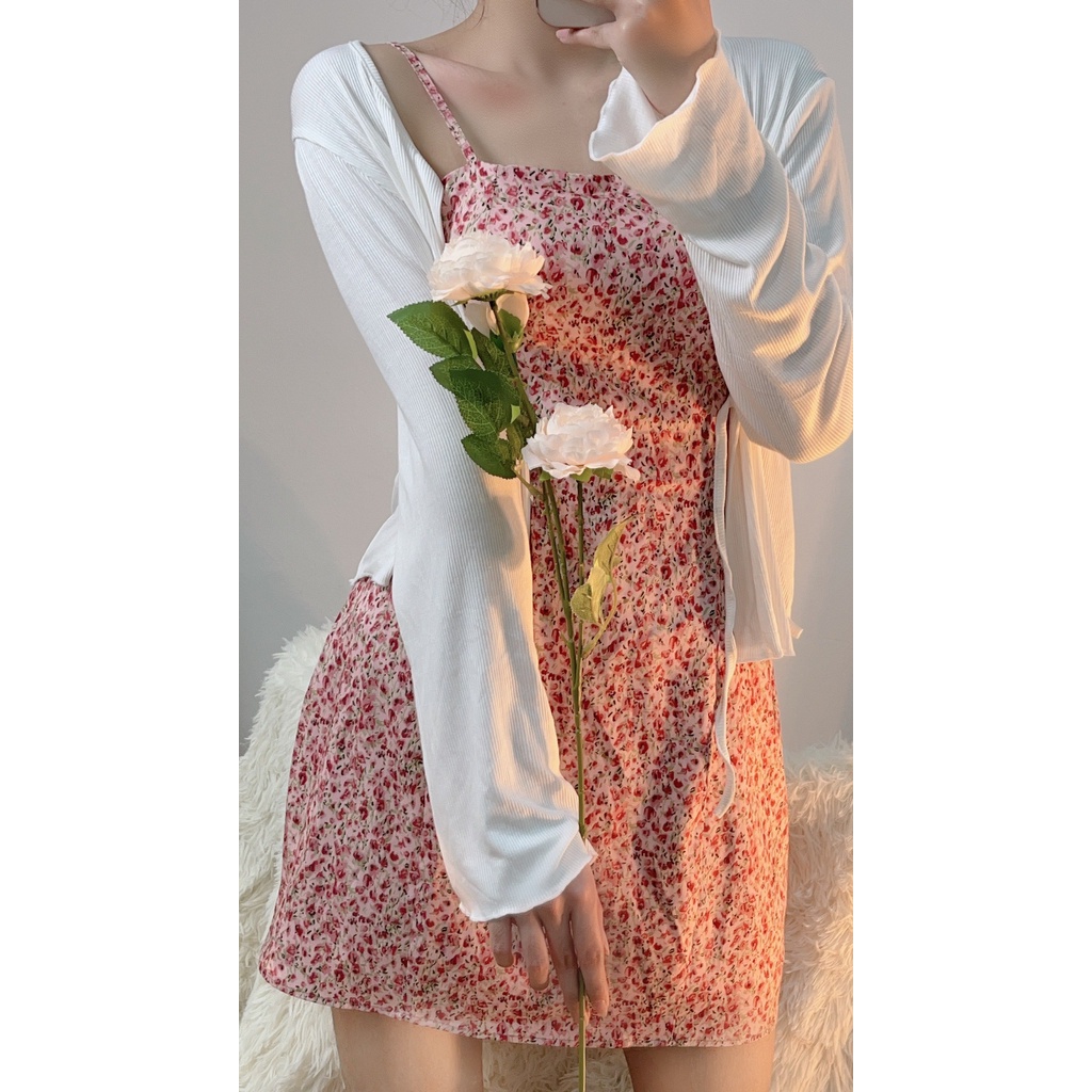 Váy Hai Dây Hoa Nhí Hồng Kèm Áo Cardigan Len Tăm Mỏng BC29 Phù Hợp Cho Nữ