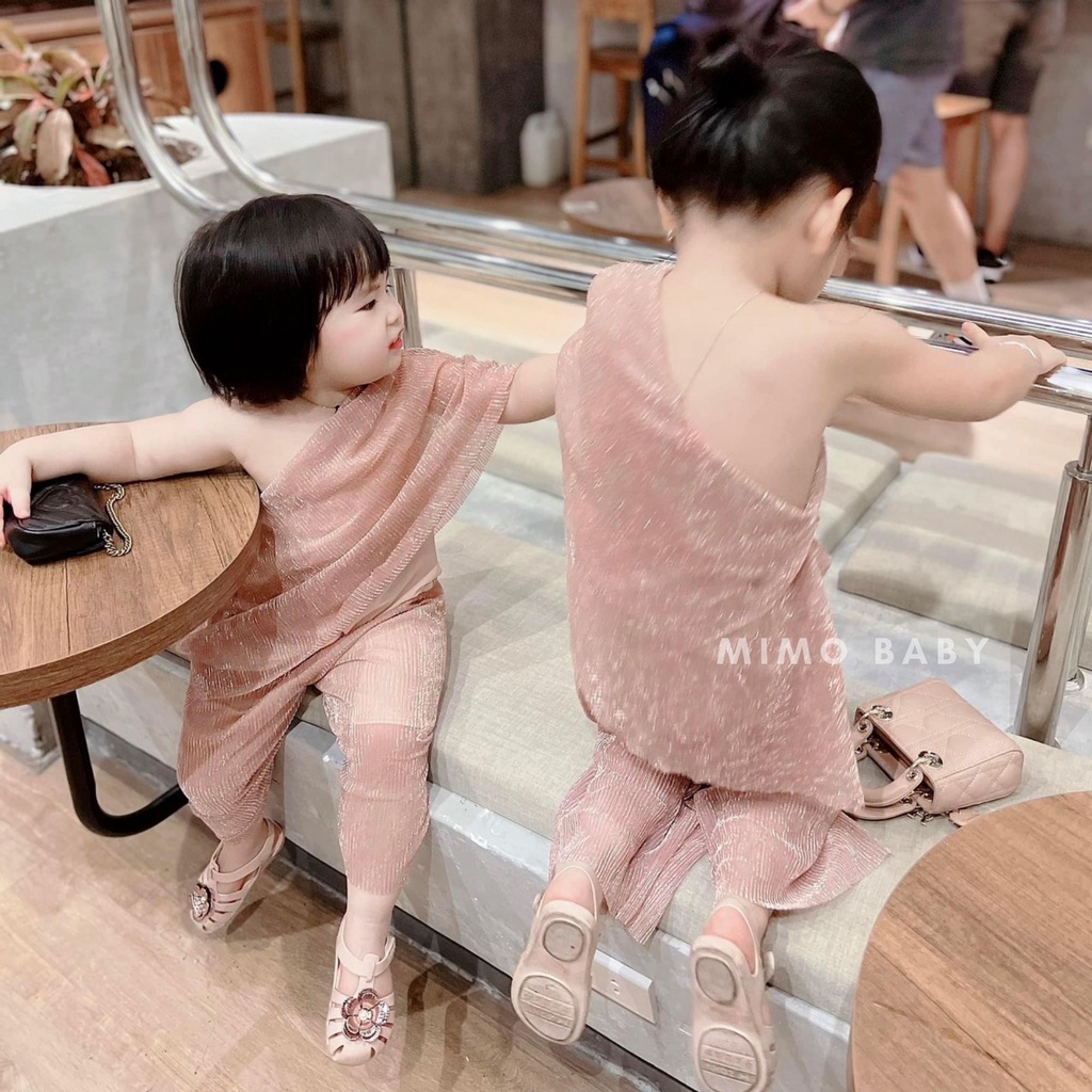 Set áo váy lệch vai voan nhũ dập ly đáng yêu cho bé gái Mimo baby QA20