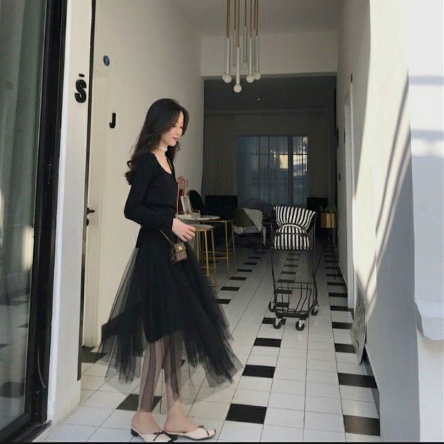 Chân váy dài ren công chúa vải tuyn 2 lớp bồng bềnh , lãng mạn, lưng thun freesize dễ mặc