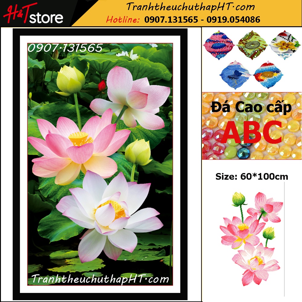 Tranh đính đá Hoa sen khoe sắc VS074: 60*100cm (tự làm)