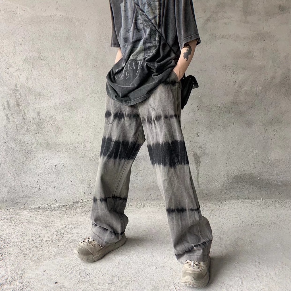 ♞AFF LIGA♞ Quần Jeans Baggy Ống Rộng Màu Nhuộm Phong Cách Hip Hop Đường Phố Thời Trang Mùa Hè Hàn Quốc Cho Nam