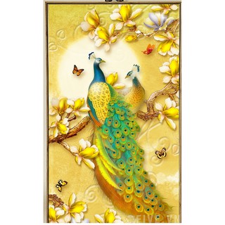 Tranh đính đá toàn bộ - Đôi chim công và cành hoa đại vàng