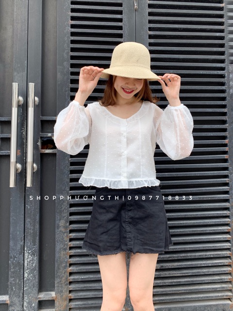 Áo sơmi voan tơ chấm bi - sơmi tiểu thư vintage (hình shop tự chụp/sẵn)