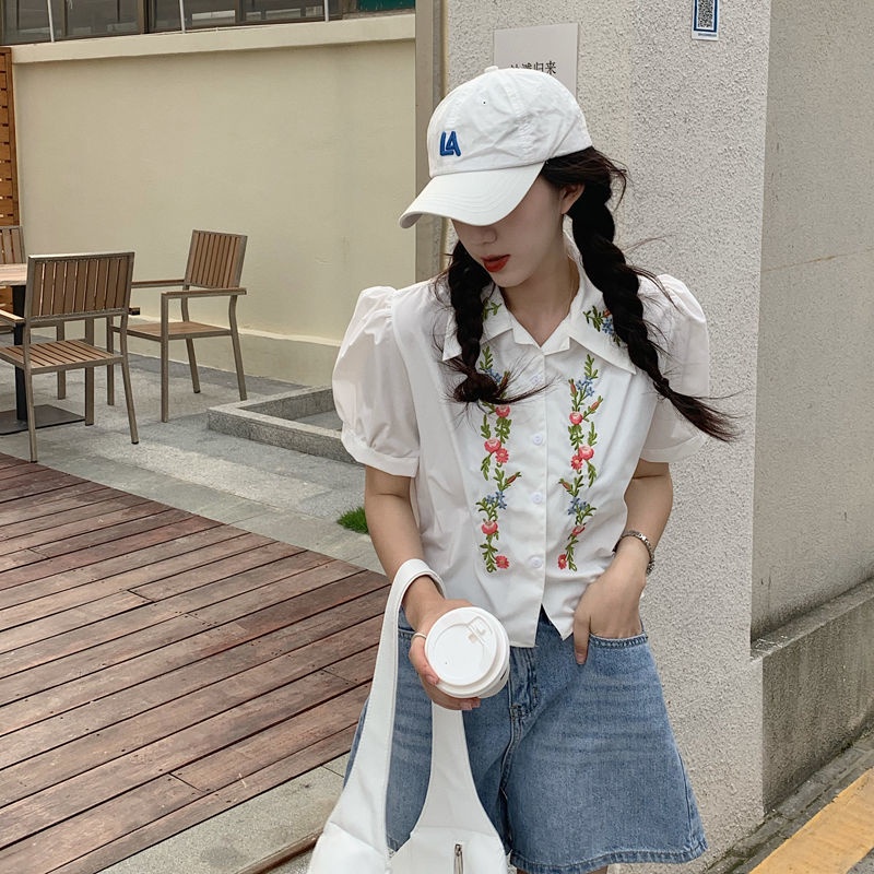 Áo sơ mi thêu hoa phong cách retro Hàn Quốc thiết kế thời trang cho nữ