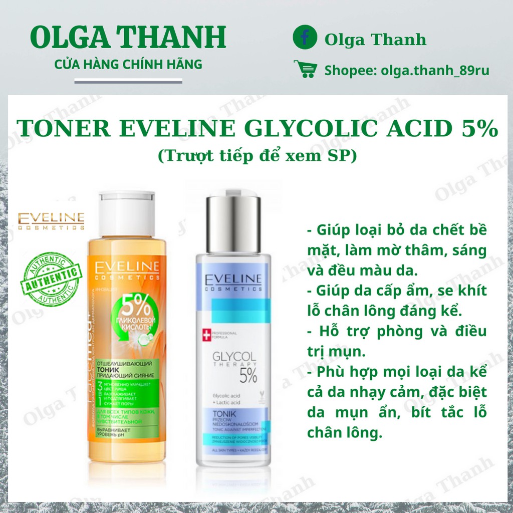 Toner Eveline Glycolic acid 5% - Căng Bóng da, Mờ Thâm mụn