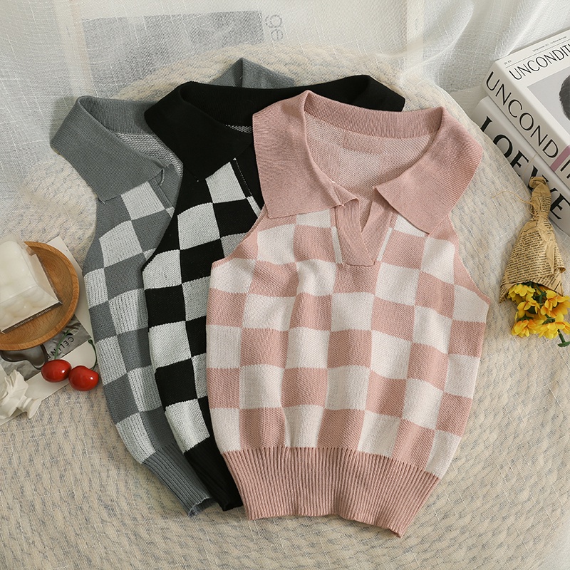 Áo croptop SUXI dệt kim họa tiết sọc ca rô phong cách Hàn Quốc