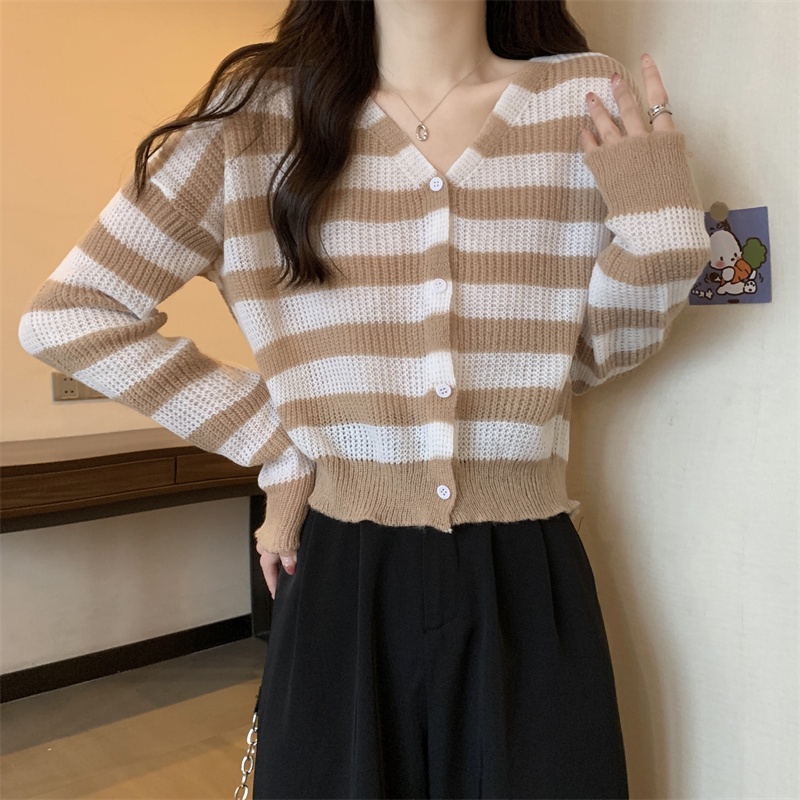 SUXI Áo Khoác Cardigan Dệt Kim Mỏng Dáng Rộng Họa Tiết Kẻ Sọc Thời Trang Cho Nữ