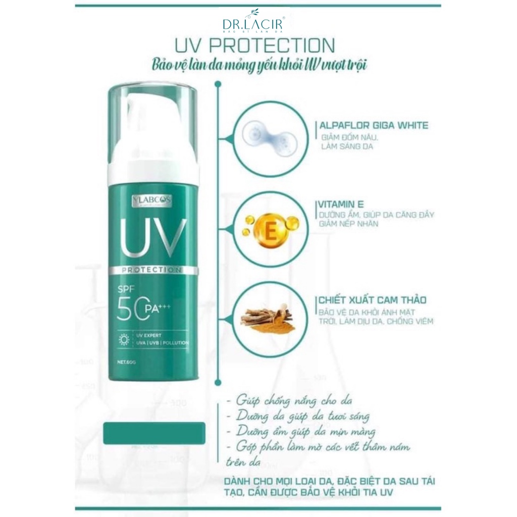 Kem chống nắng đa tầng SPF 50PA+++ chống nắng,dưỡng trắng da,mờ thâm, Uv Protection Ylabcos DR.LACIR 60 gram LM39