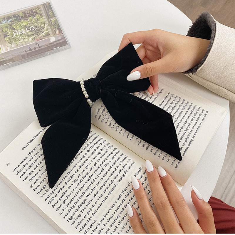 Kẹp Tóc Nơ Nhung Đen Đính Ngọc Trai Thời Trang