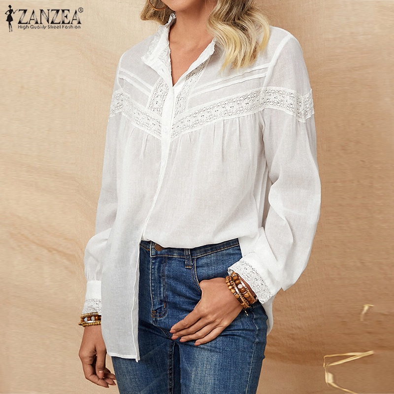 Áo sơ mi ZANZEA dài tay cổ bẻ phối ren phong cách Châu Âu thời trang cho nữ