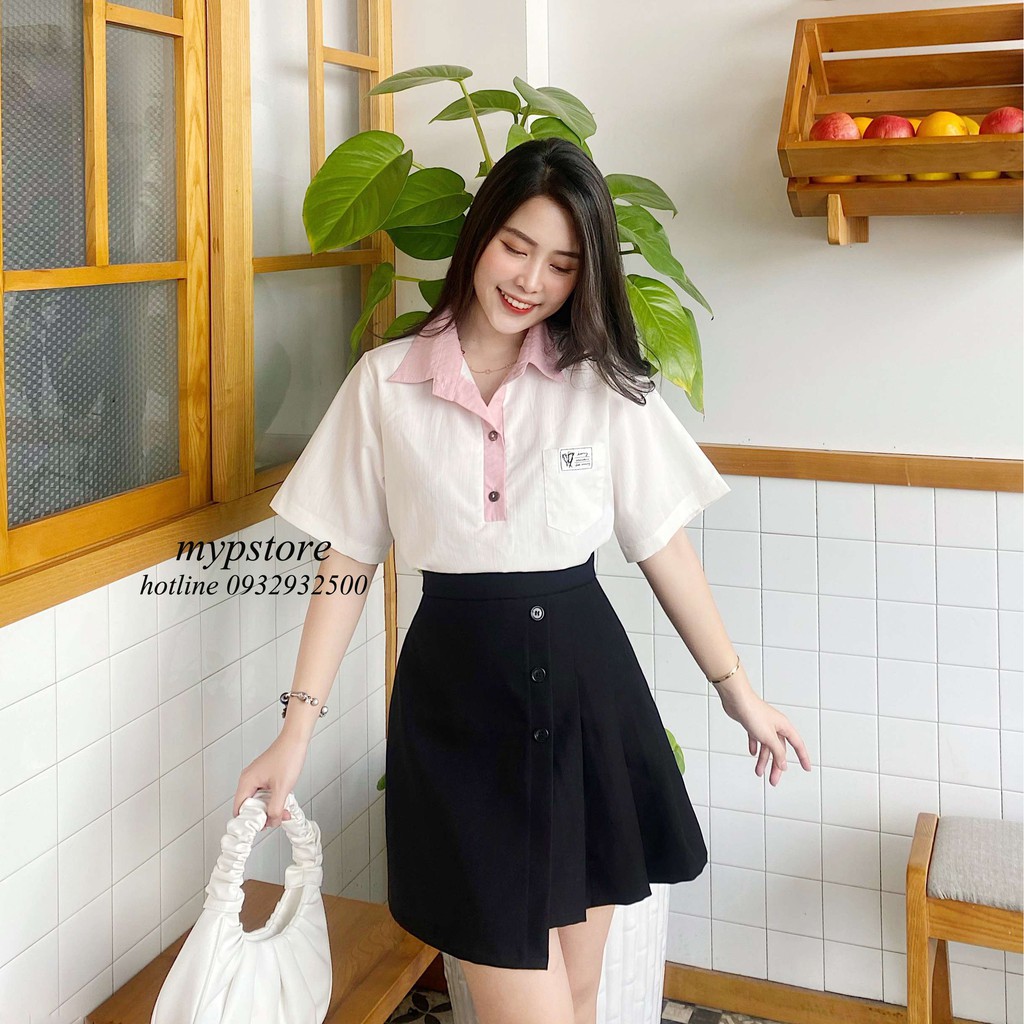 Áo sơ mi xẻ trụ huy hiệu tay ngắn mypstore A24