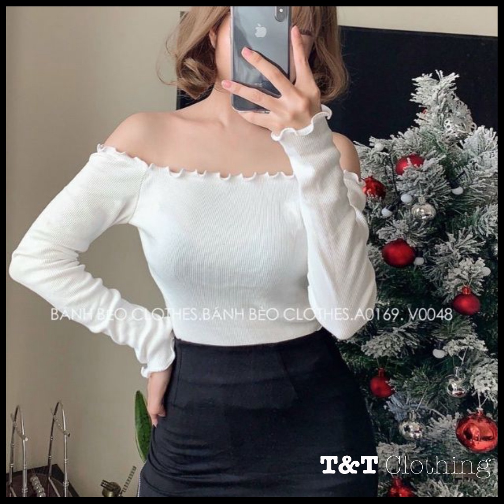 Áo tay dài len gân trễ vai | áo len tăm nữ - AK0040 | 23tshop