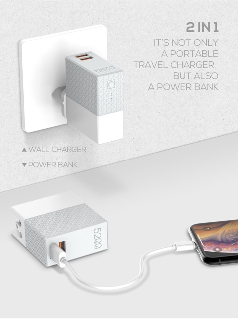 Bộ sạc nhanh du lịch 2 trong 1 LDNiO Power station Travel Charger tích hợp pin dự phòng 5200mAh