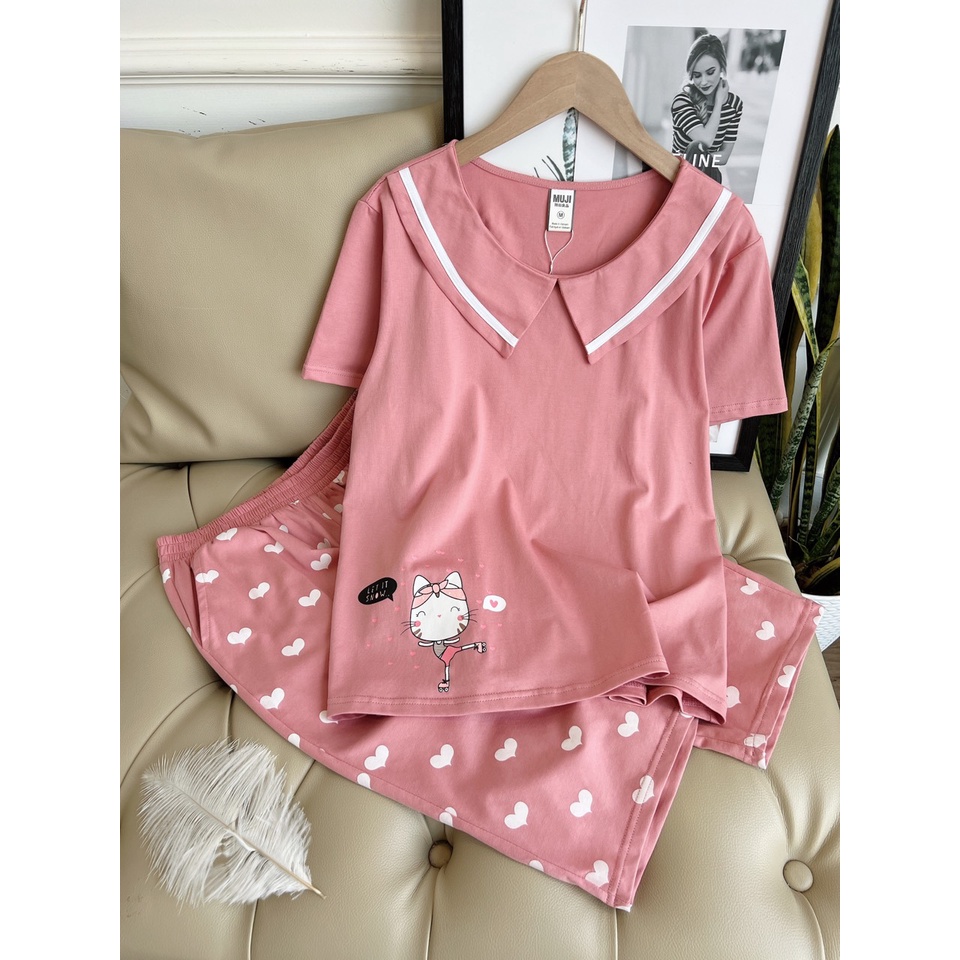 Bộ đồ nữ. Bộ mặc nhà. Bộ M.U.J.I mèo con quần lửng trái tim BH27